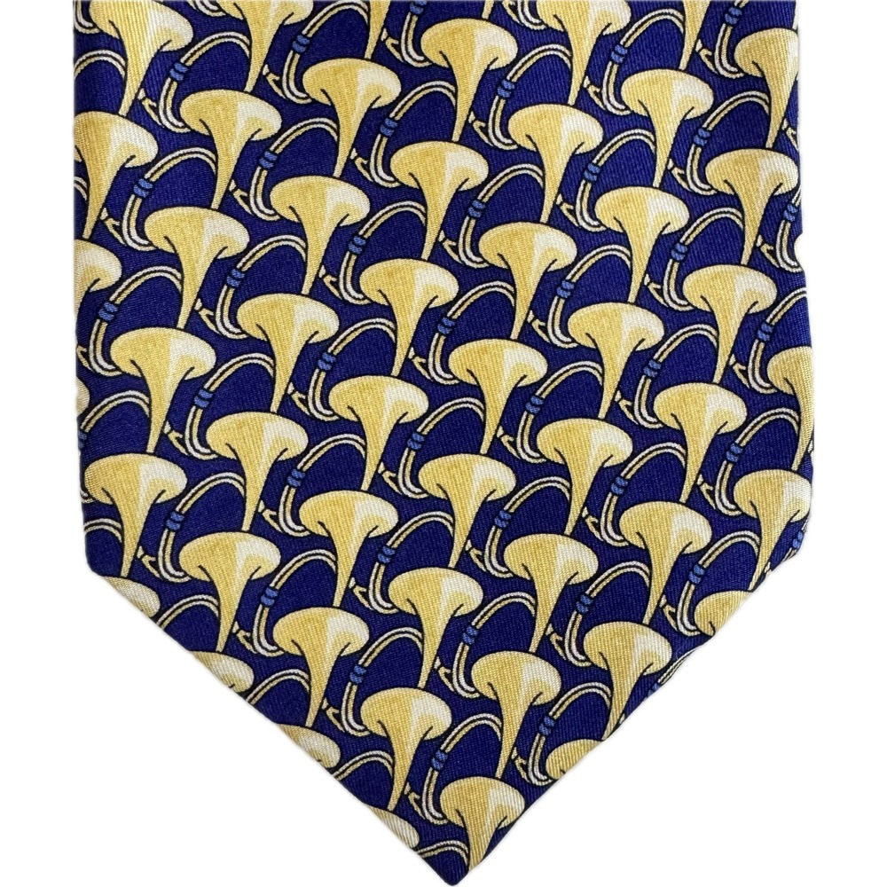 John Comfort Silk Tie Mens Blue Gold Horn Band Print Oxford Shop Nashville 60"